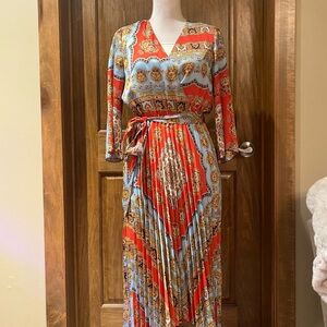 Zara Red and Blue Patterned Long Sleeve Dress with Accordion Skirt